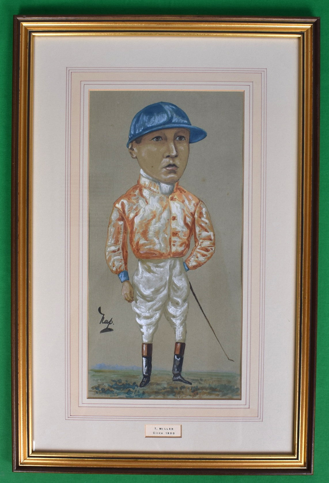 T. Miller c1900 Jockey Pastel Watercolour Portrait by NAP