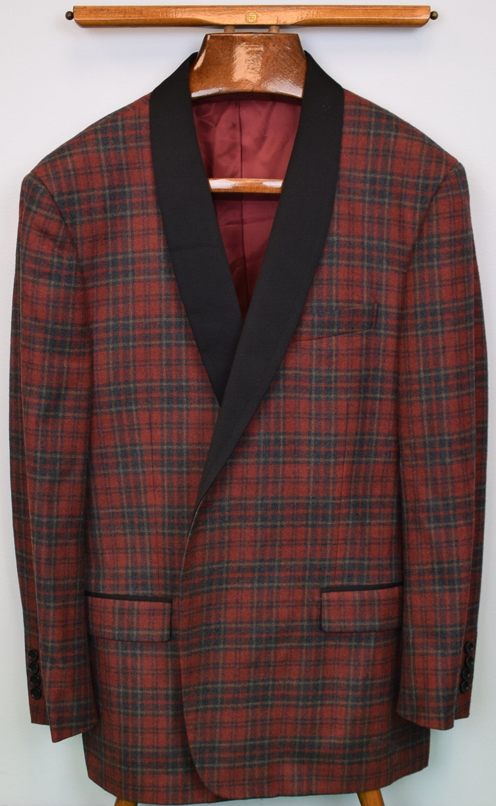 Brooks Brothers Regent Burgundy Tartan Plaid Shawl Collar Wool Flannel Dinner/ Smoking Jacket Sz 48R
