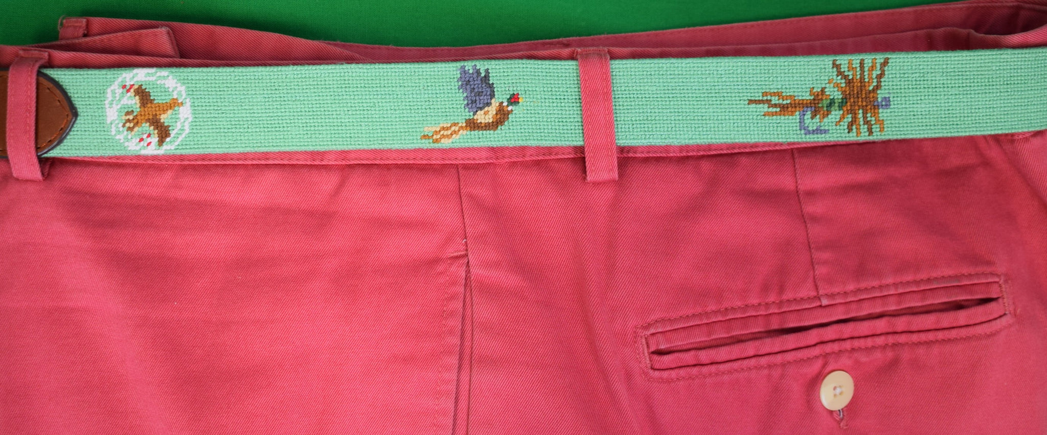 Rolling Rock Club x S&B Hand Needlepoint Sportsman's Motif Apple Green Belt Sz 46