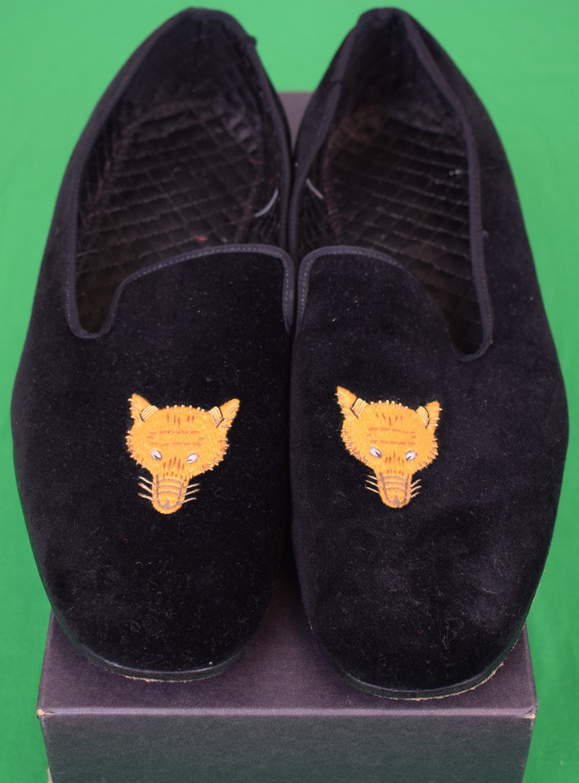 "Peal & Co x Brooks Brothers Black Velvet w/ Gold Fox Mask Slippers" Sz 8 1/2 (w/ BB Box)