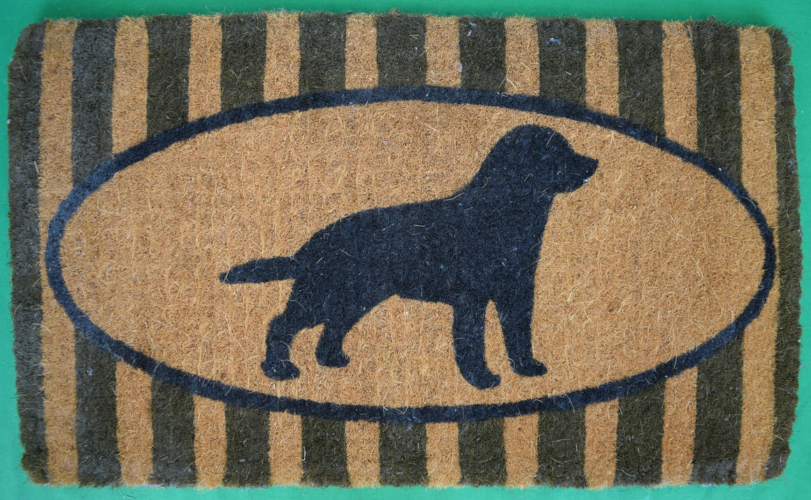 "British Tan w/ Hunter Green Stripe & Oval Black Lab Coir Doormat" (NEW)