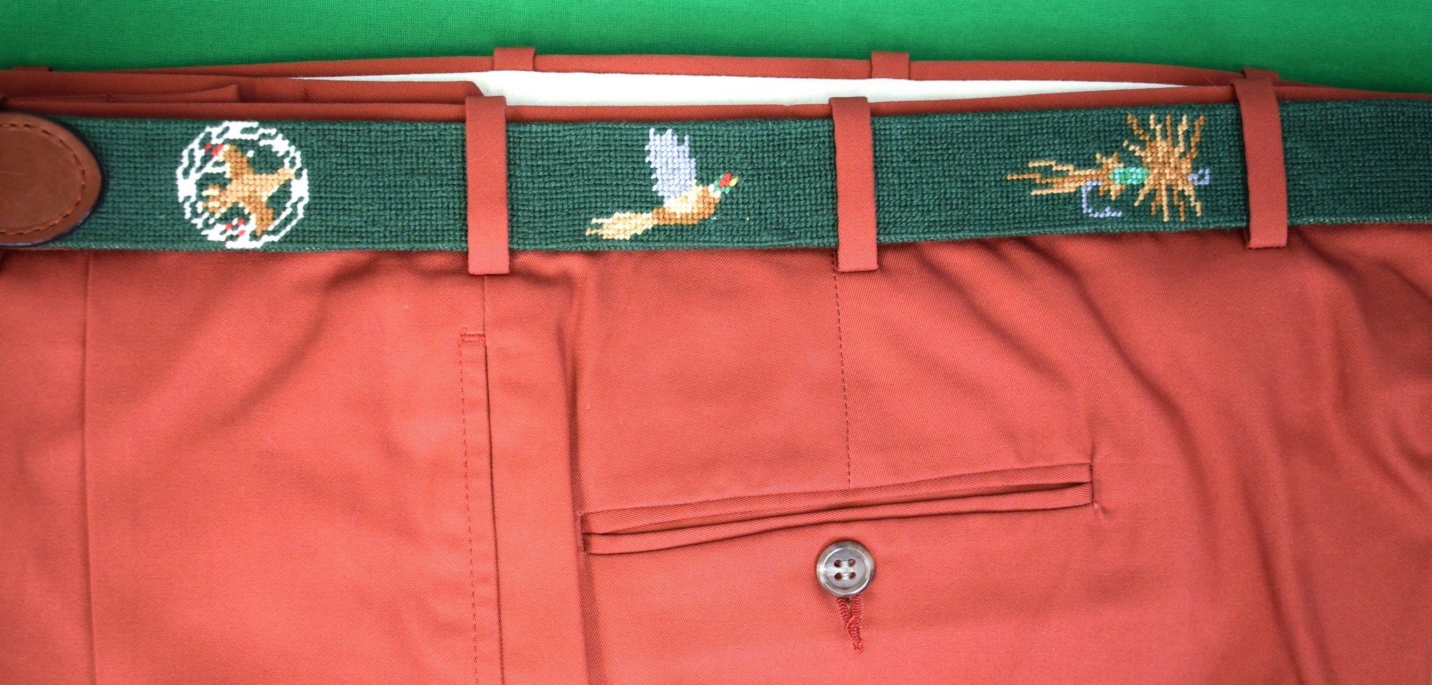Rolling Rock Club x S&B Hunter Green Needlepoint Sportsman's Belt Sz 45