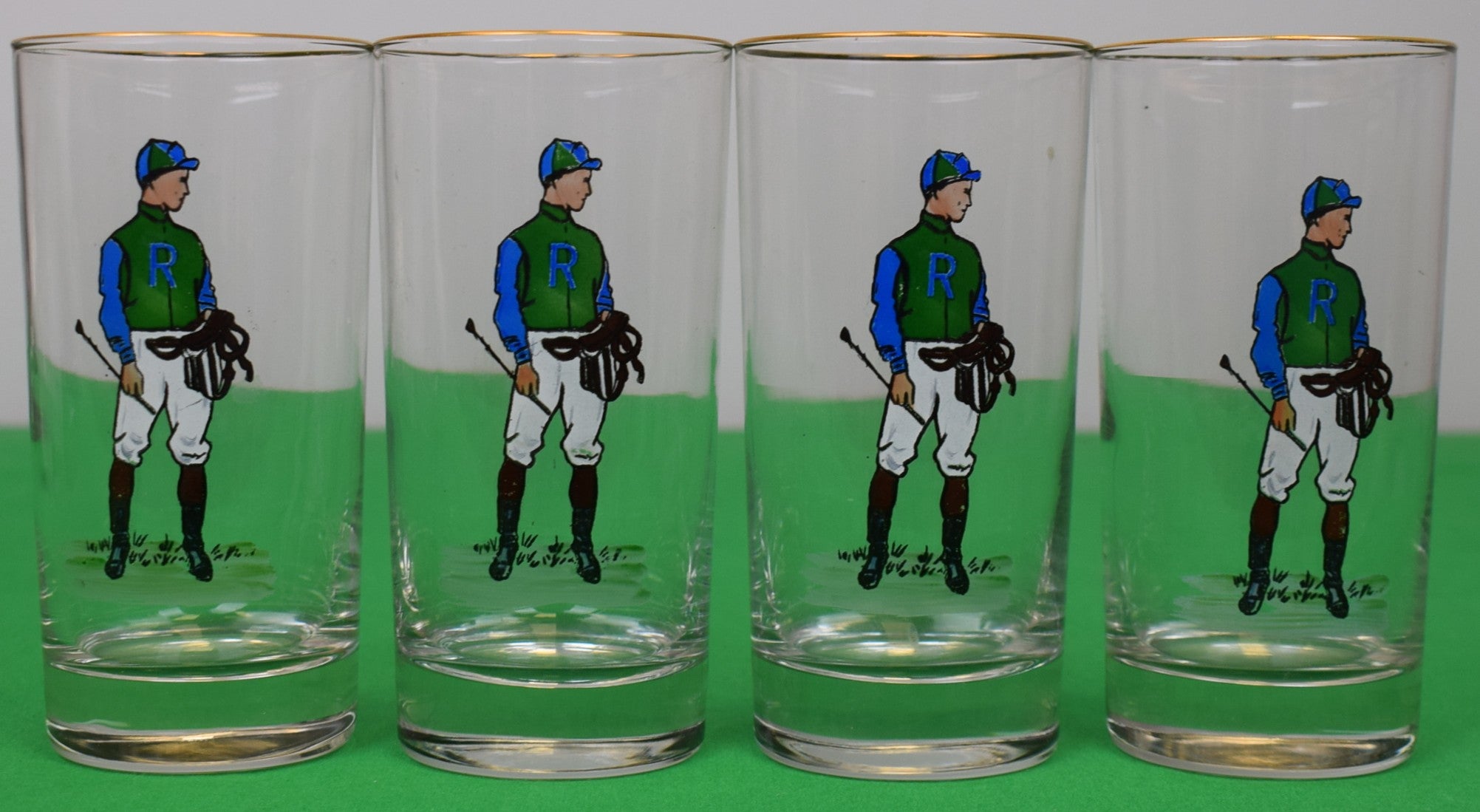 Set x 4 Hand-Painted Blue/ Green Jockey Highball Glasses