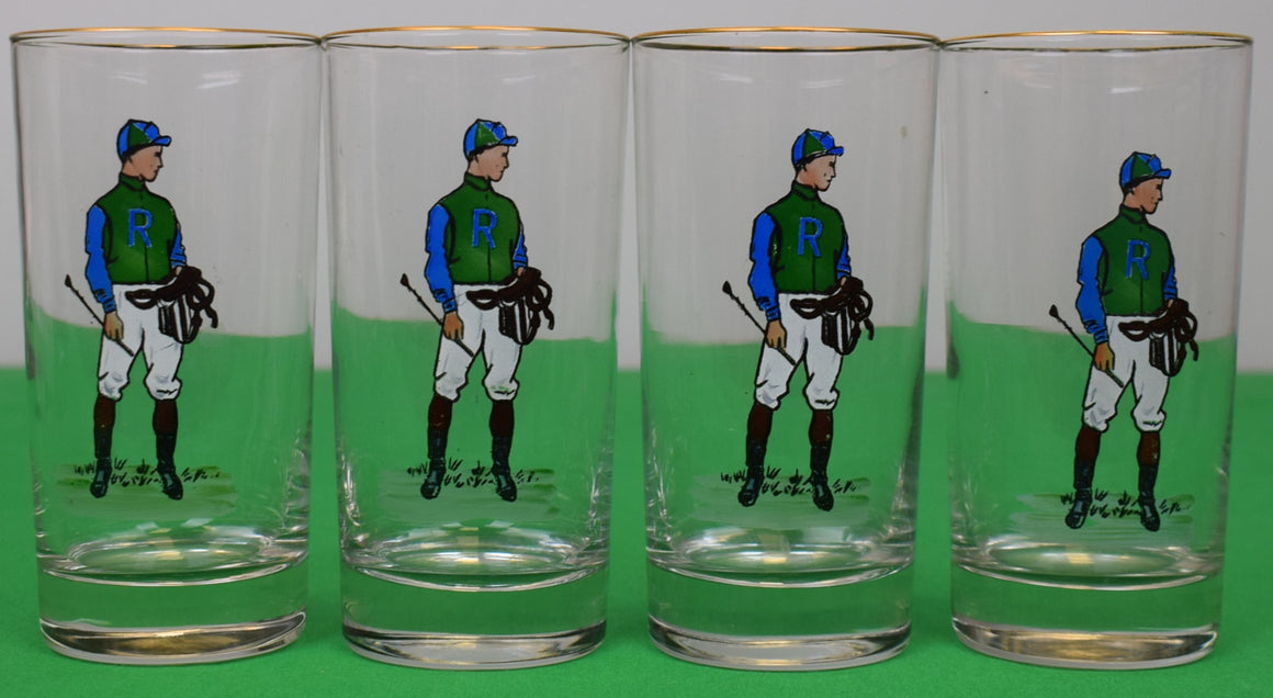 Set x 4 Hand-Painted Blue/ Green Jockey Highball Glasses