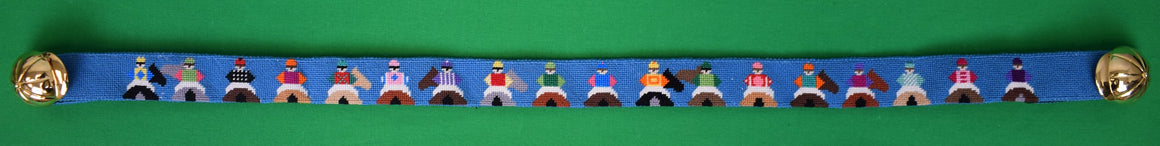 Hand Needlepoint Blue Belt w/ 18 Jockey Silks & Brass Jockey Cap Buckles Sz 32