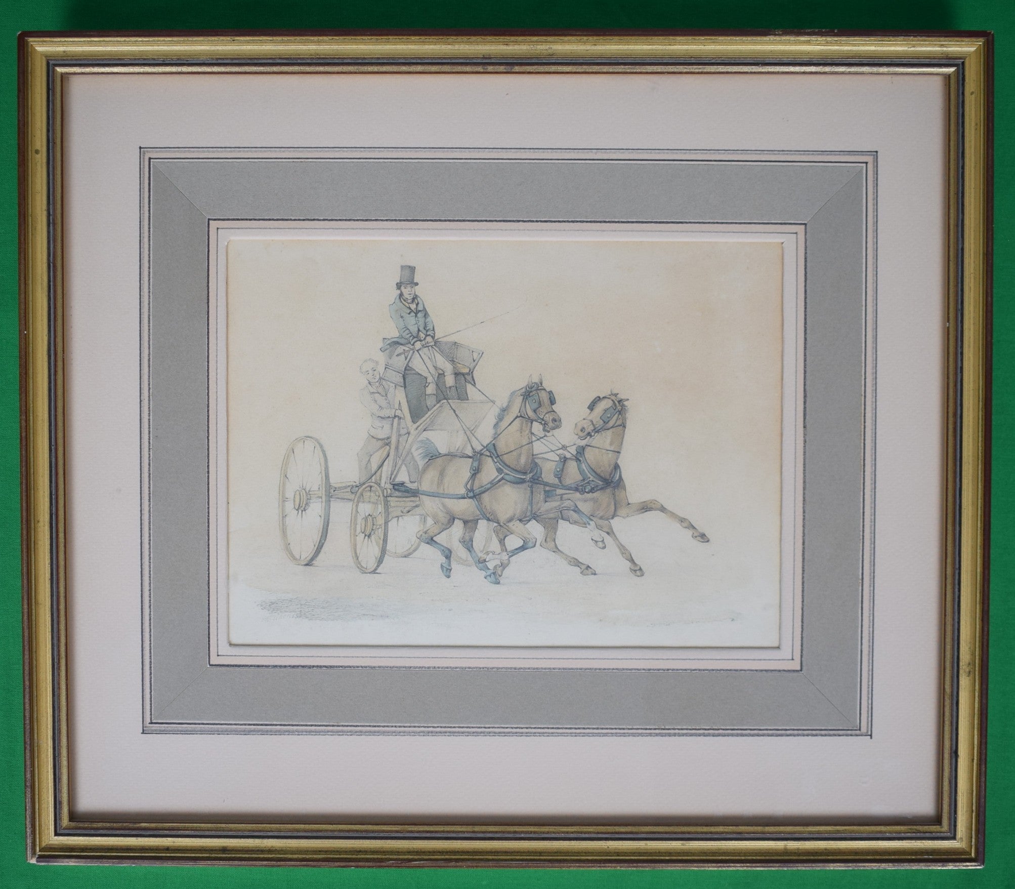 "Driving a Pair in a Horse-Breaker's Skeleton Brake" 18th C. Watercolour by Henry T. Alken Sr.