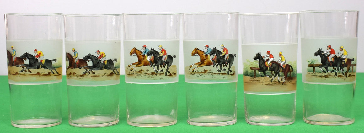 Set x 6 Hand Painted Jockey Racehorse Frosted Highball Cocktail Glasses