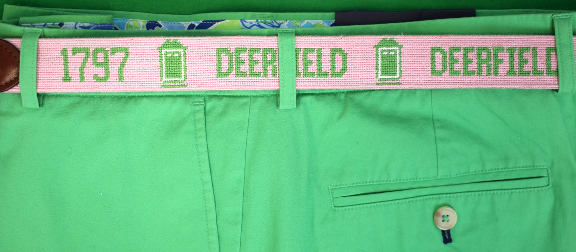 "S&B Hand Needlepoint Pink & Green 1797 Deerfield Academy Belt" Sz 36