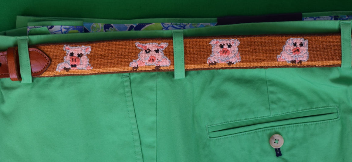 "Hand-Needlepoint Belt w/ 11 Pink Piglets" Sz 36