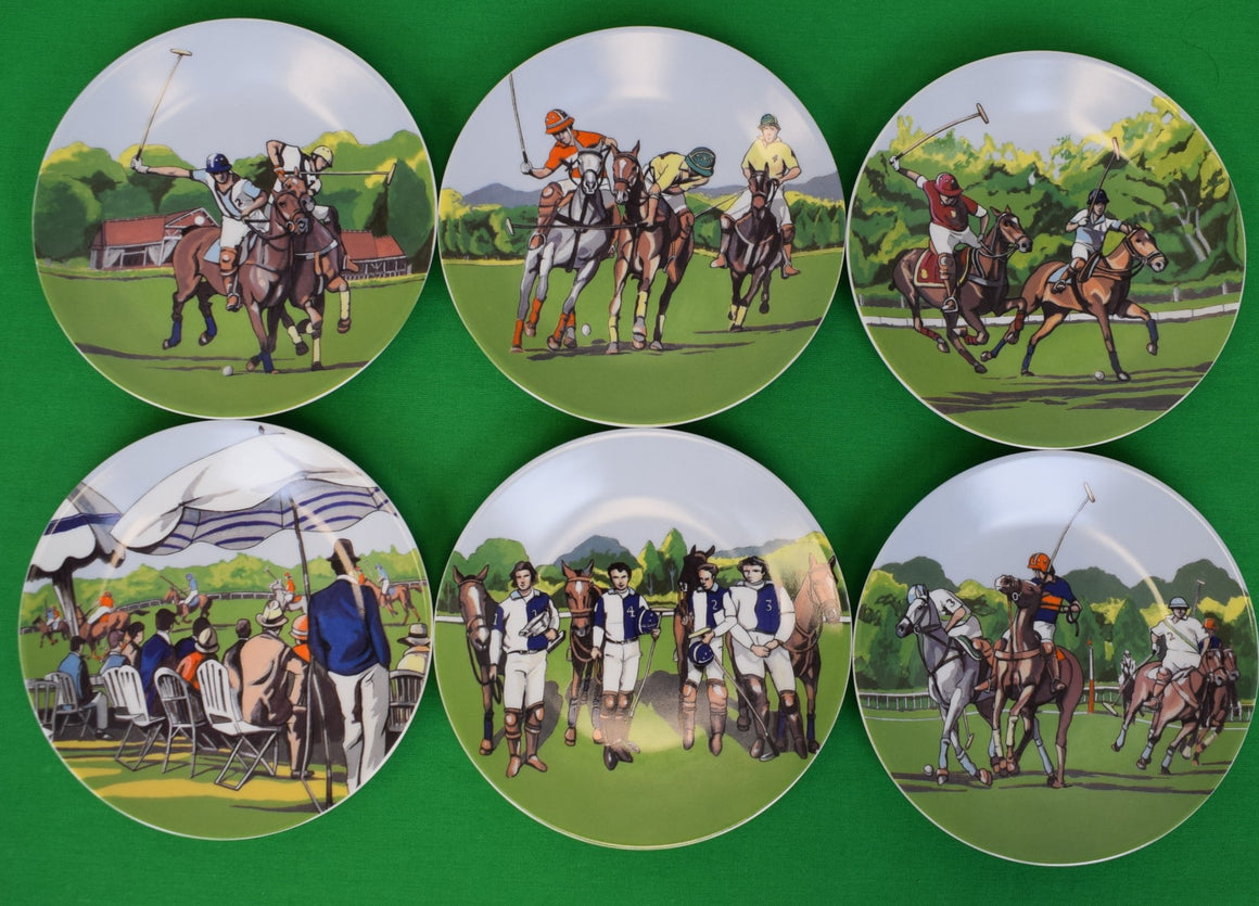 "Set x 6 French Limoges 6"D Porcelain Plates w/ Polo Match Scenes"