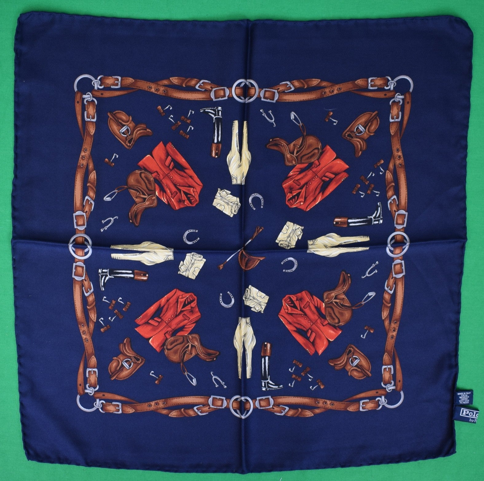 Polo Ralph Lauren Navy Italian Silk Equestrian Theme Pocket Square