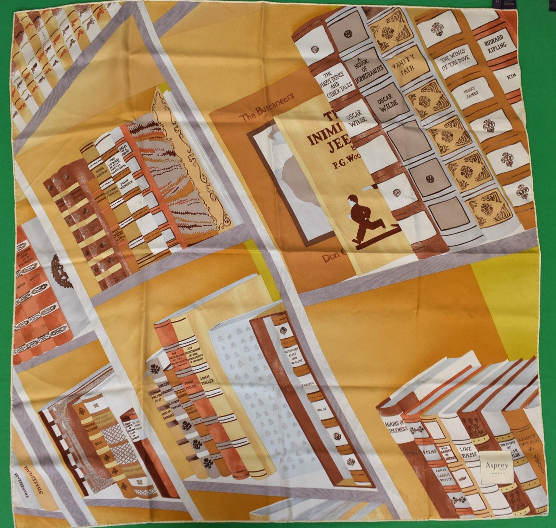 Asprey London Italian Silk Gold Scarf w/ Rare Books Print