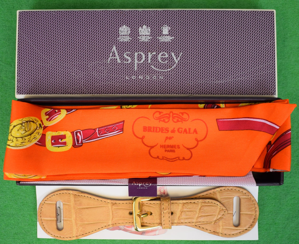 Hermès Paris Brides de Gala Orange Silk Scarf Belt w/ Asprey Tan Alligator Leather Buckle Made In Italy (New w/ Box)