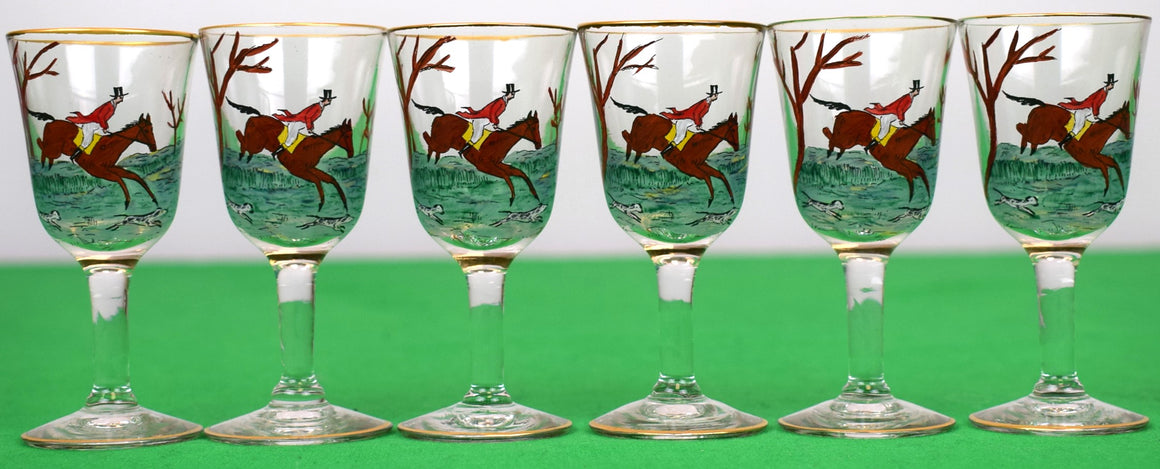 Set x 6 Hand-Painted Fox-Hunt Scene Cordial Glasses