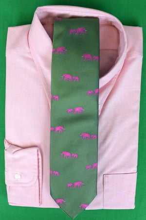 O'Connell's x Seaward & Stearn English Woven Silk Club Tie - Elephants - Green with Pink (NWOT)