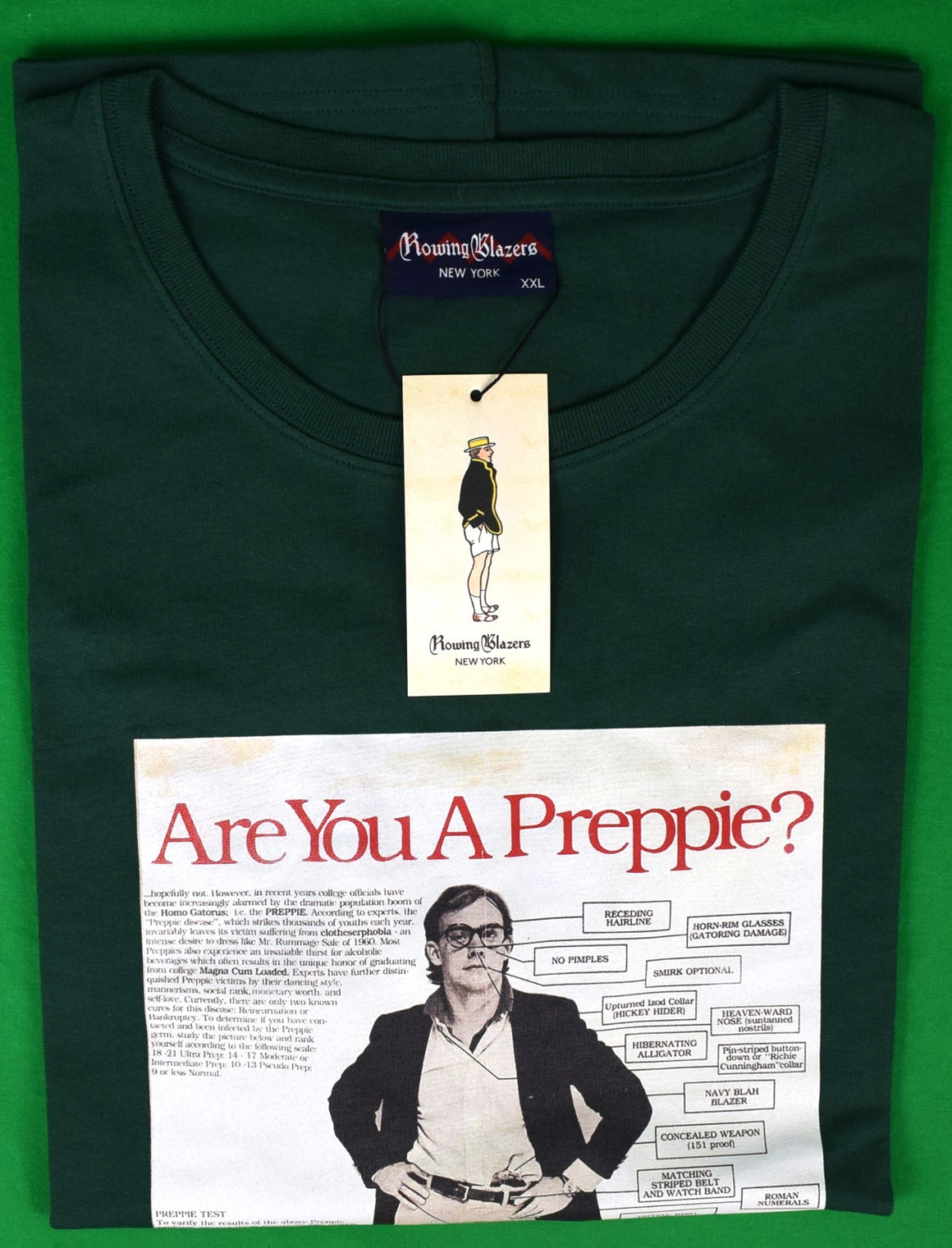 "Rowing Blazers Are You A Preppie? Hunter Green S/S Cotton Tee Shirt" Sz XXL (New w/ RB Tag)