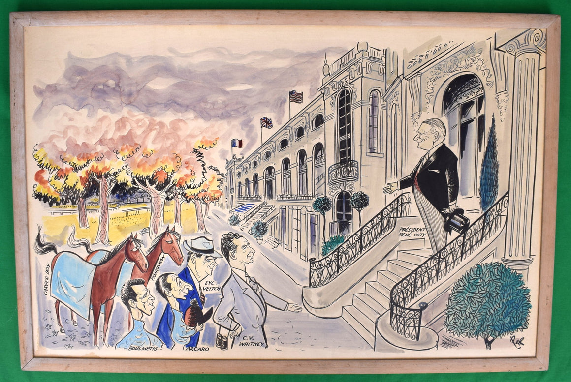 "Cornelius Vanderbilt (C.V.) "Sonny" Whitney at The Prestigious Prix de l'Arc de Triomphe at Longchamp" 1956 Watercolor by Pierre Bellocq aka "PEB"