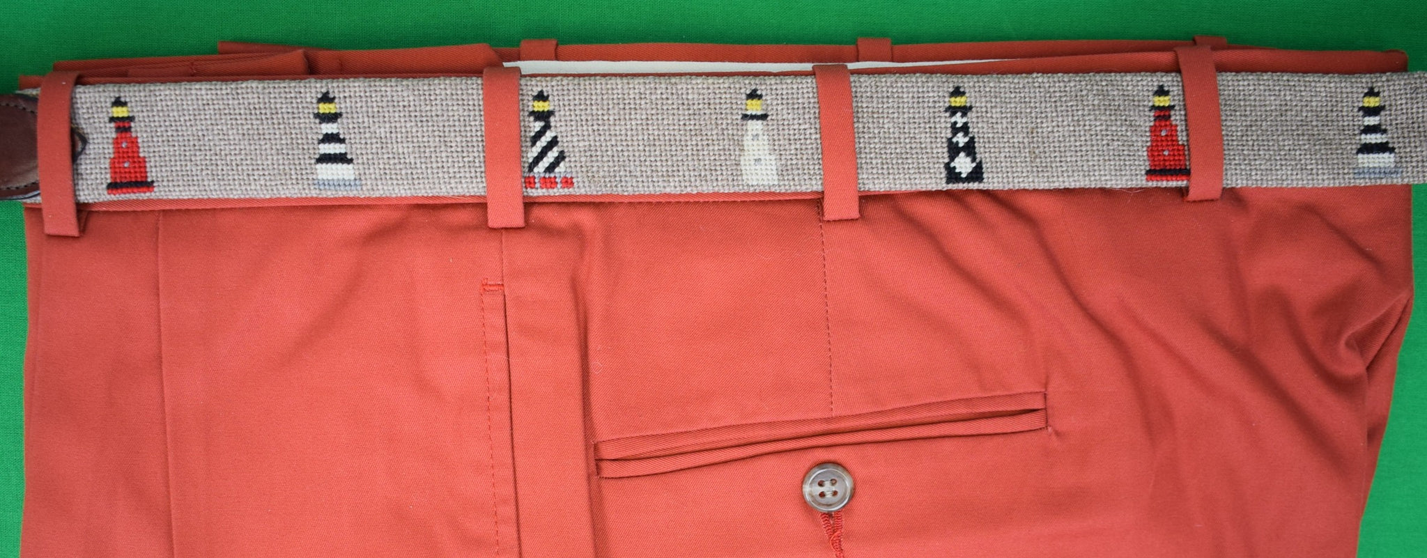 "Hand Needlepoint Belt w/ 12 Lighthouse Motifs" Sz: 34