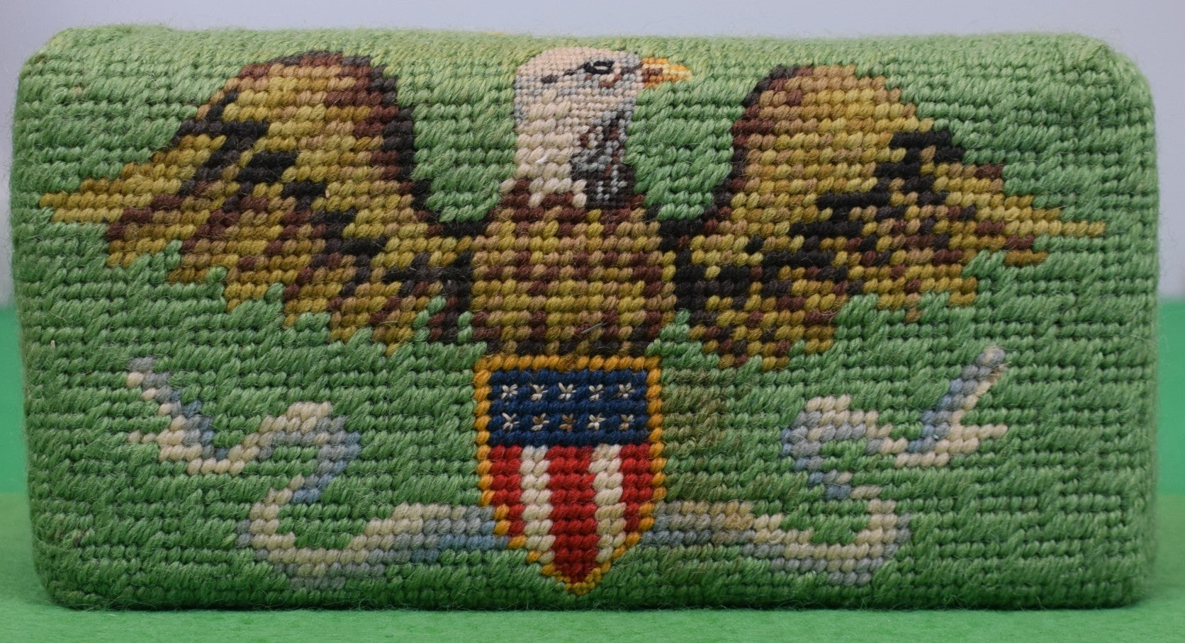 "Needlepoint Celadon Green Brick Doorstop w/ American Eagle Shield Crest"