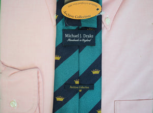 "Drake's Teal/ Navy Stripe w/ Coronet Motif Silk Tie Made In England" (NWT)