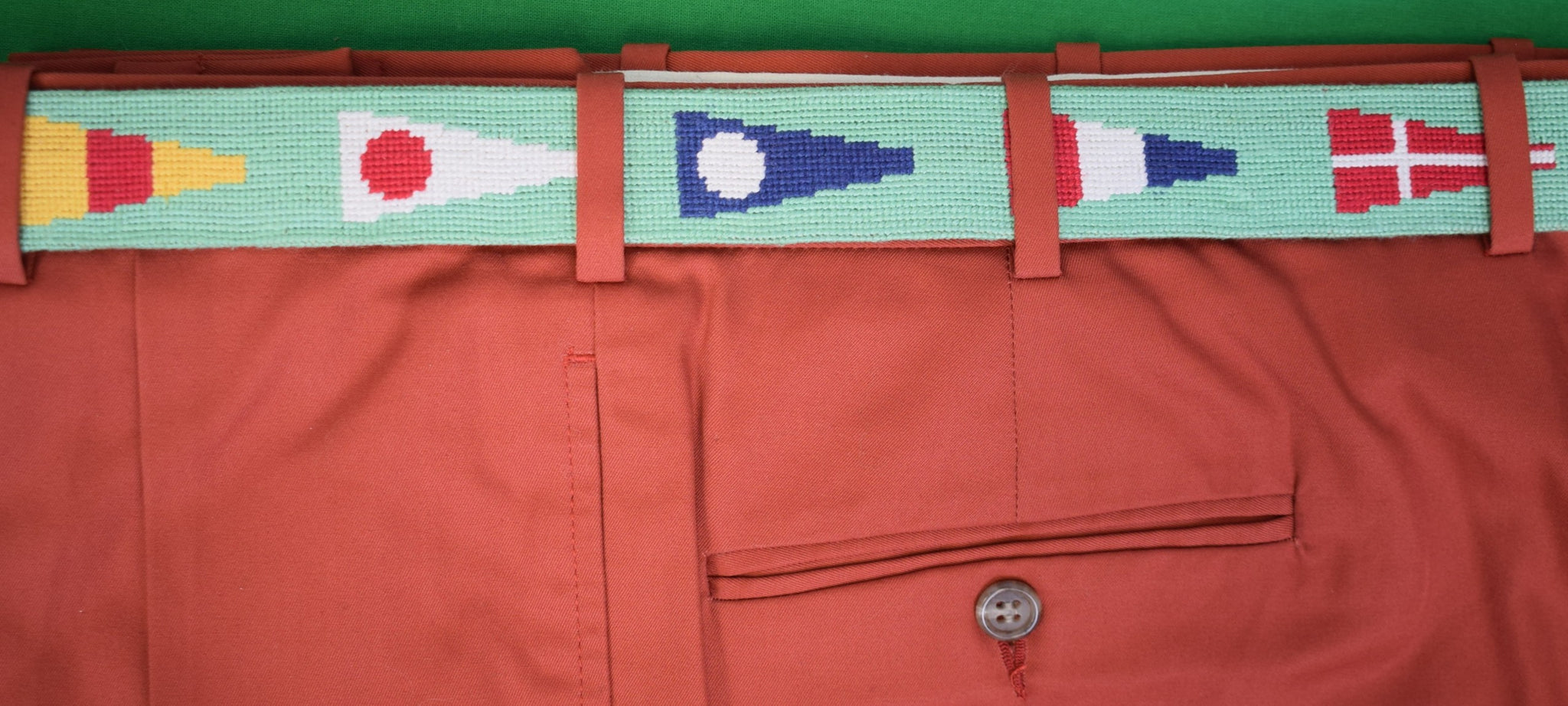 "Smathers & Branson Hand Needlepoint Nautical Pennants Mint Green Belt" Sz 36 (NWT & S&B Box)