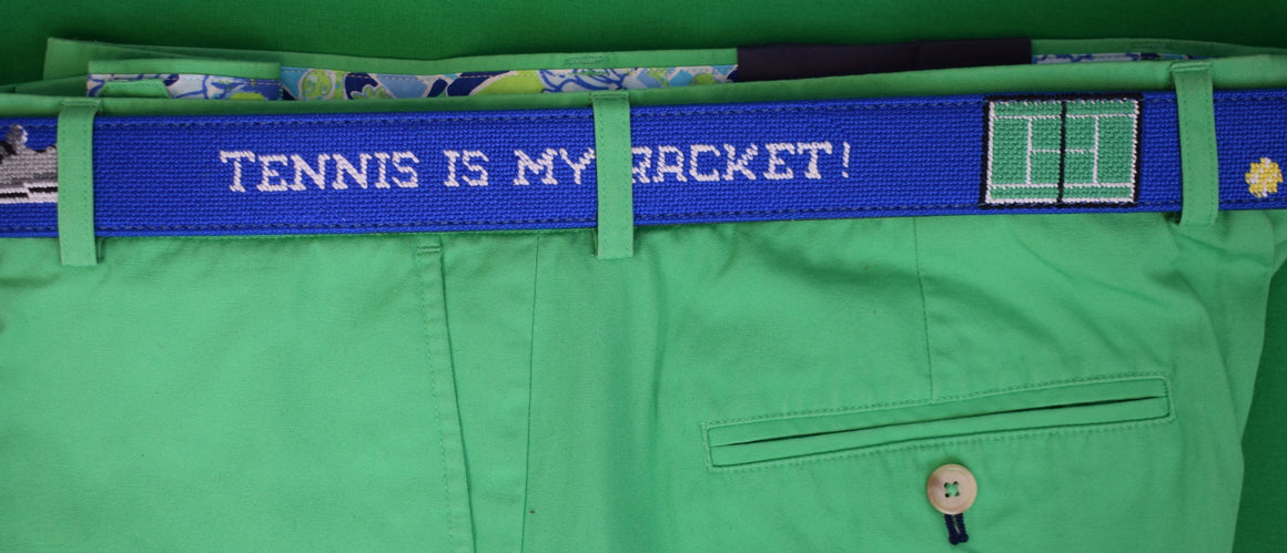 "J. McLaughlin Hand Needlepoint Tennis Is My Racket! Blue Belt" Sz 40 (NWT)