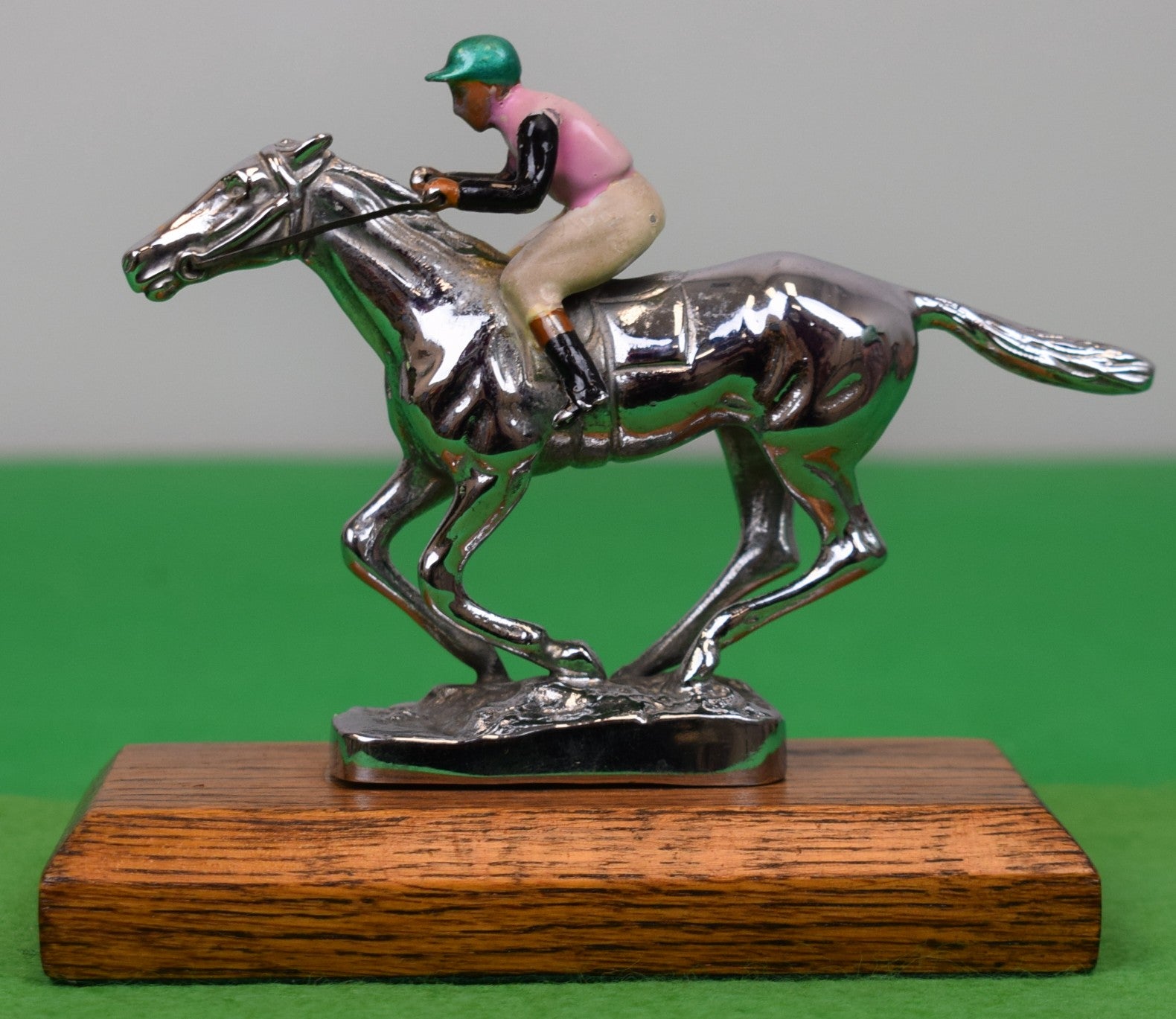 Lejeune of England Chrome/ Hand Painted Jockey/ Racehorse Car Mascot