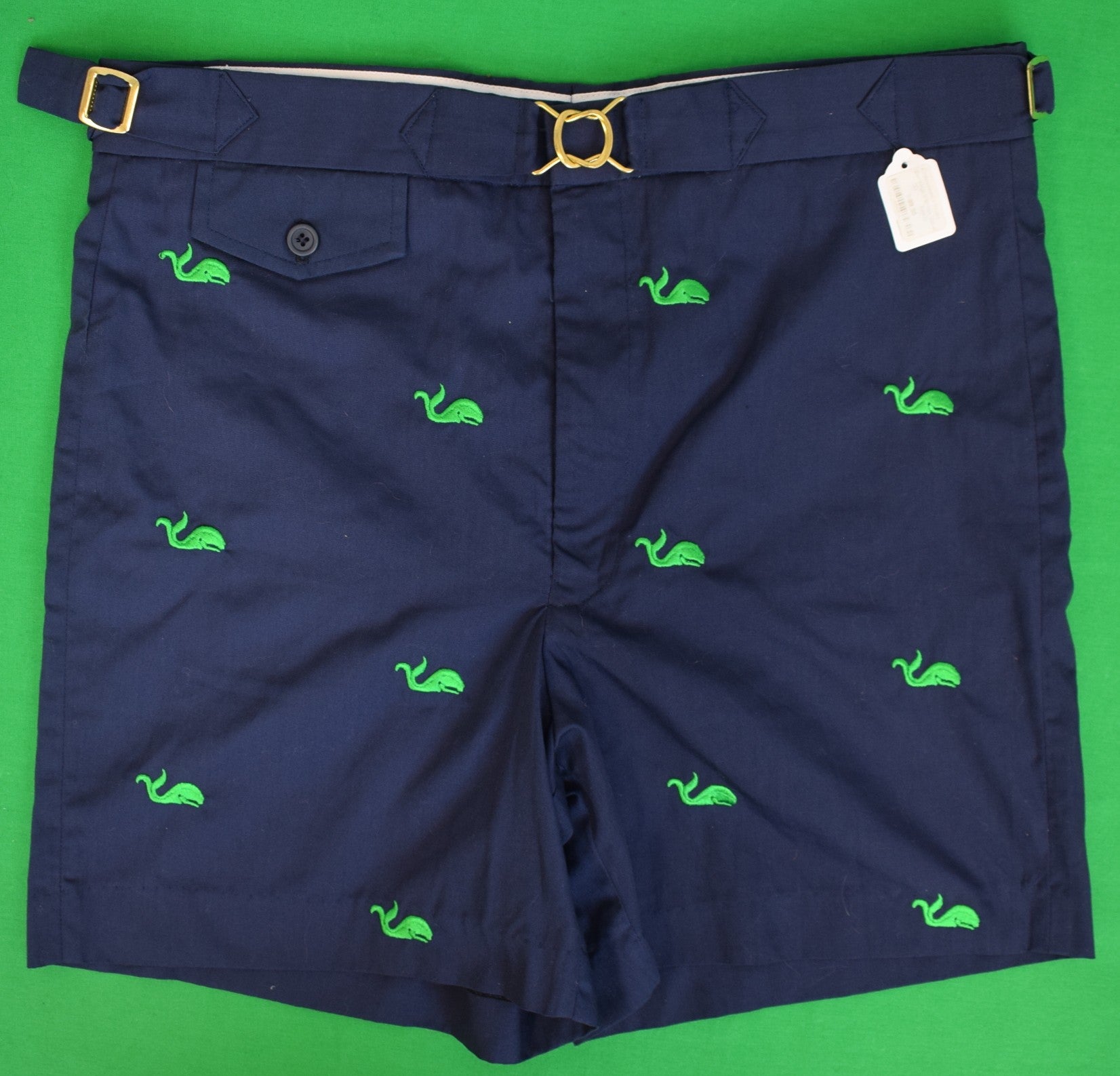 O'Connell's Embroidered Navy Poplin Swimtrunks w/ Kelly Green Whales Sz 33 (NWT)