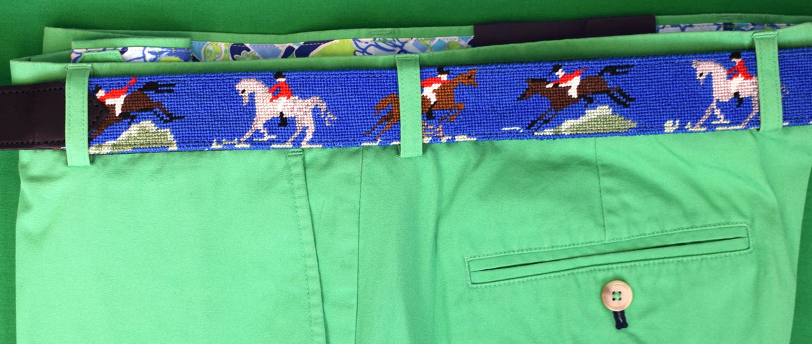 "Hand Needlepoint Horse Jumping Show Royal Blue Belt" Sz 36 (NWOT) (SOLD)