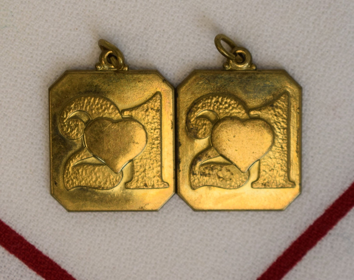 Pair x The "21" Club Brass Heart Charm Tags