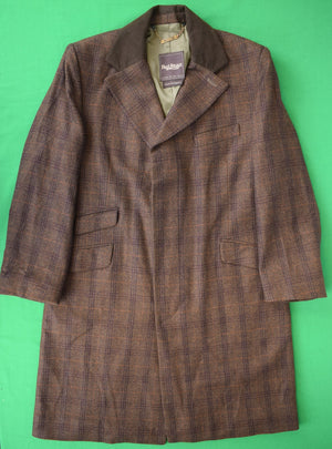 "Paul Stuart Brown Plaid English Paddock Coat w/ Chesterfield Suede Collar" Sz 42