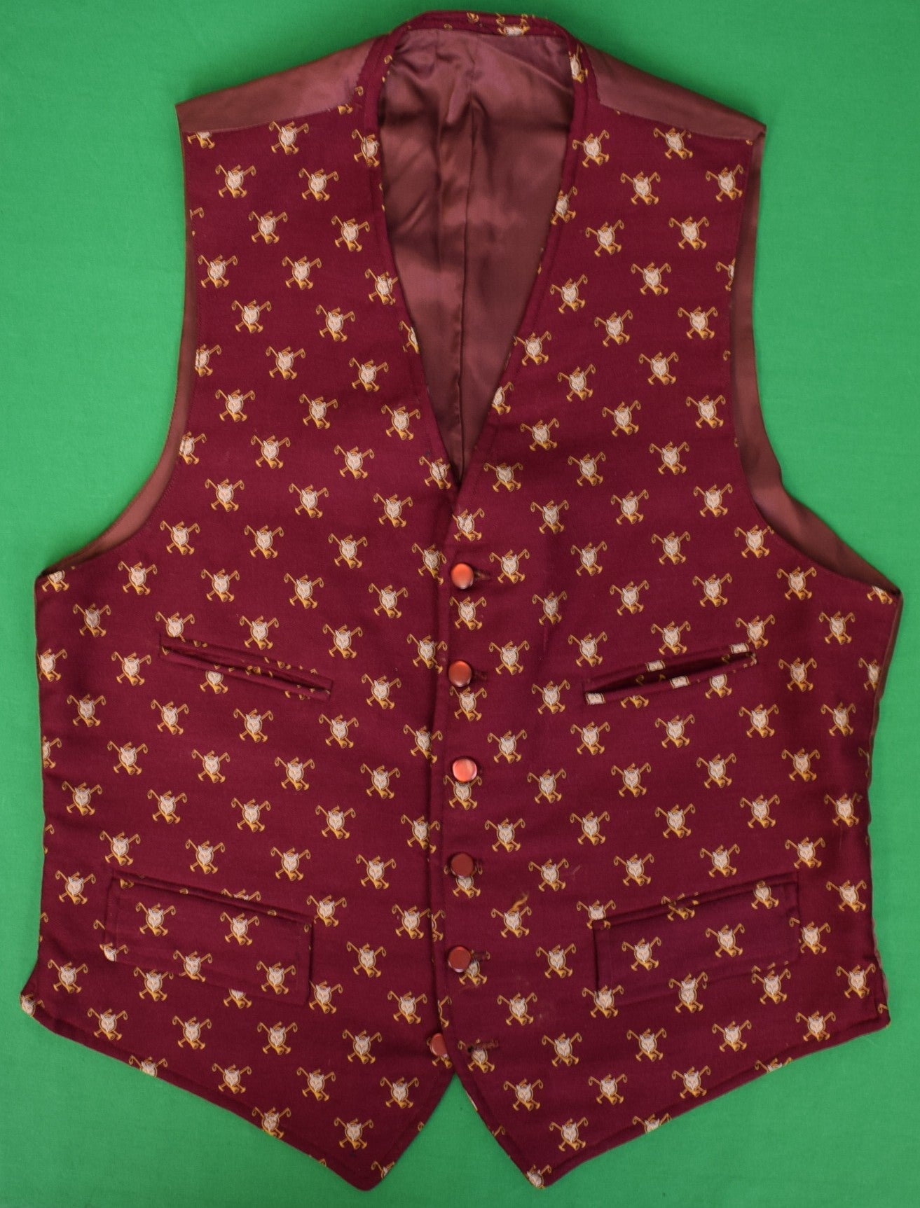 "Brooks Brothers Burgundy Waistcoat w/ Fox Mask/ Hunting Horn & Riding Crop Motif" Sz 40L