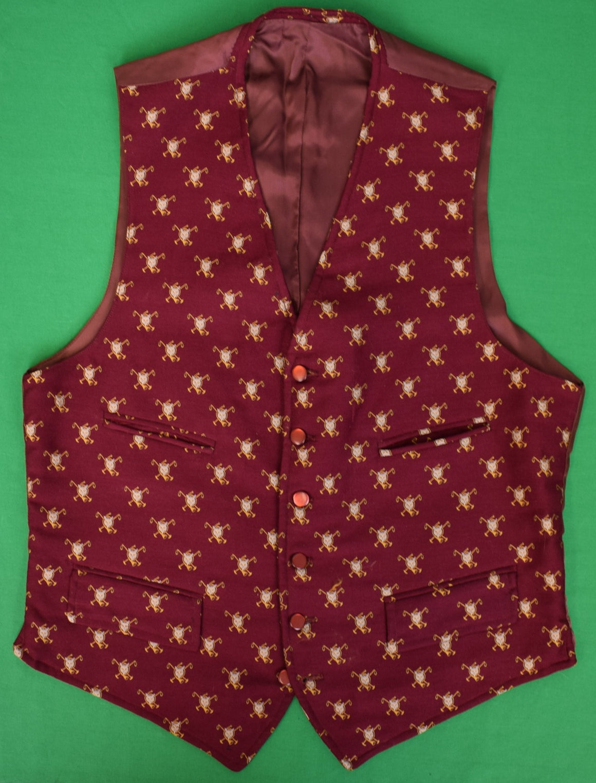 "Brooks Brothers Burgundy Waistcoat w/ Fox Mask/ Hunting Horn & Riding Crop Motif" Sz 40L