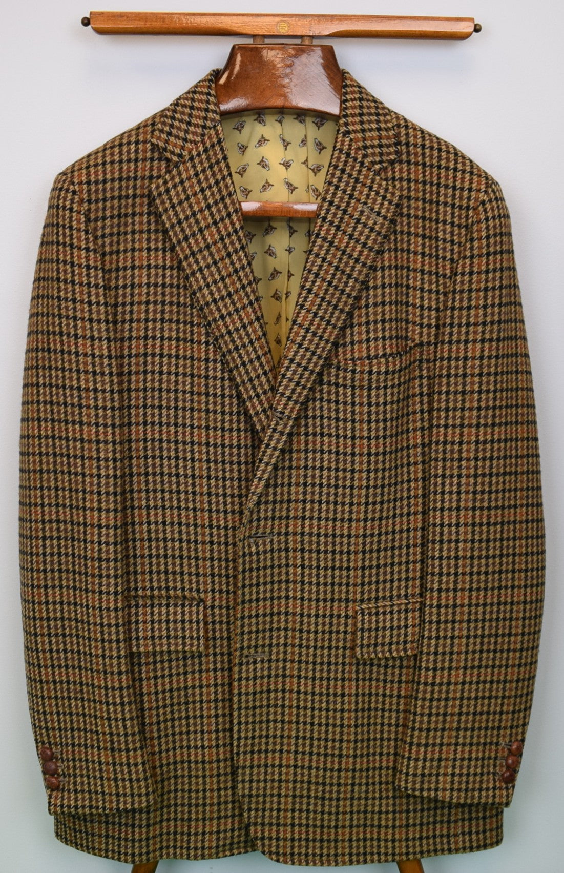 "Chipp Houndstooth Brown Shetland Tweed Sport Coat w/ Fox Mask Yellow Lining" Sz 43L