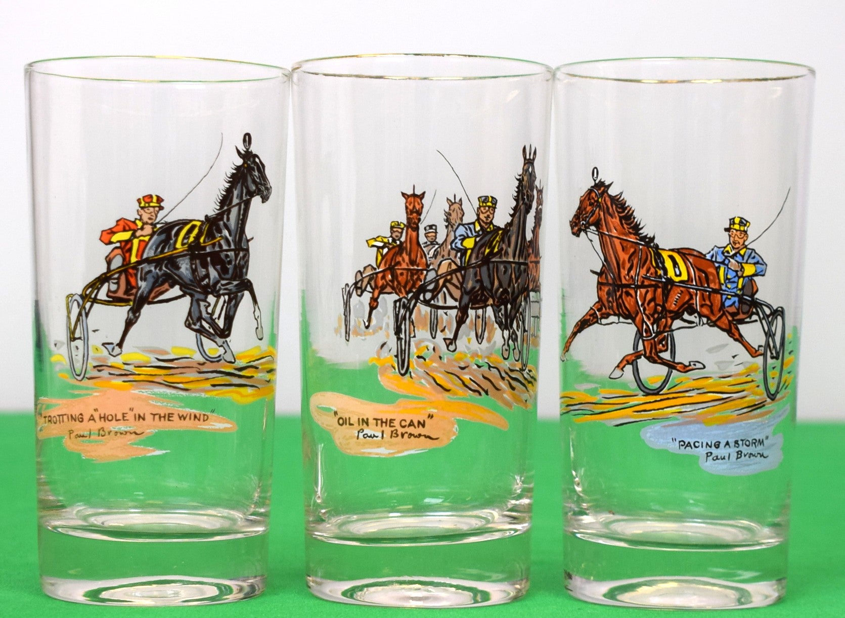 Set x 3 Paul Brown Hand Painted Highball Cocktail Glasses w/ Harness Racing Scenes