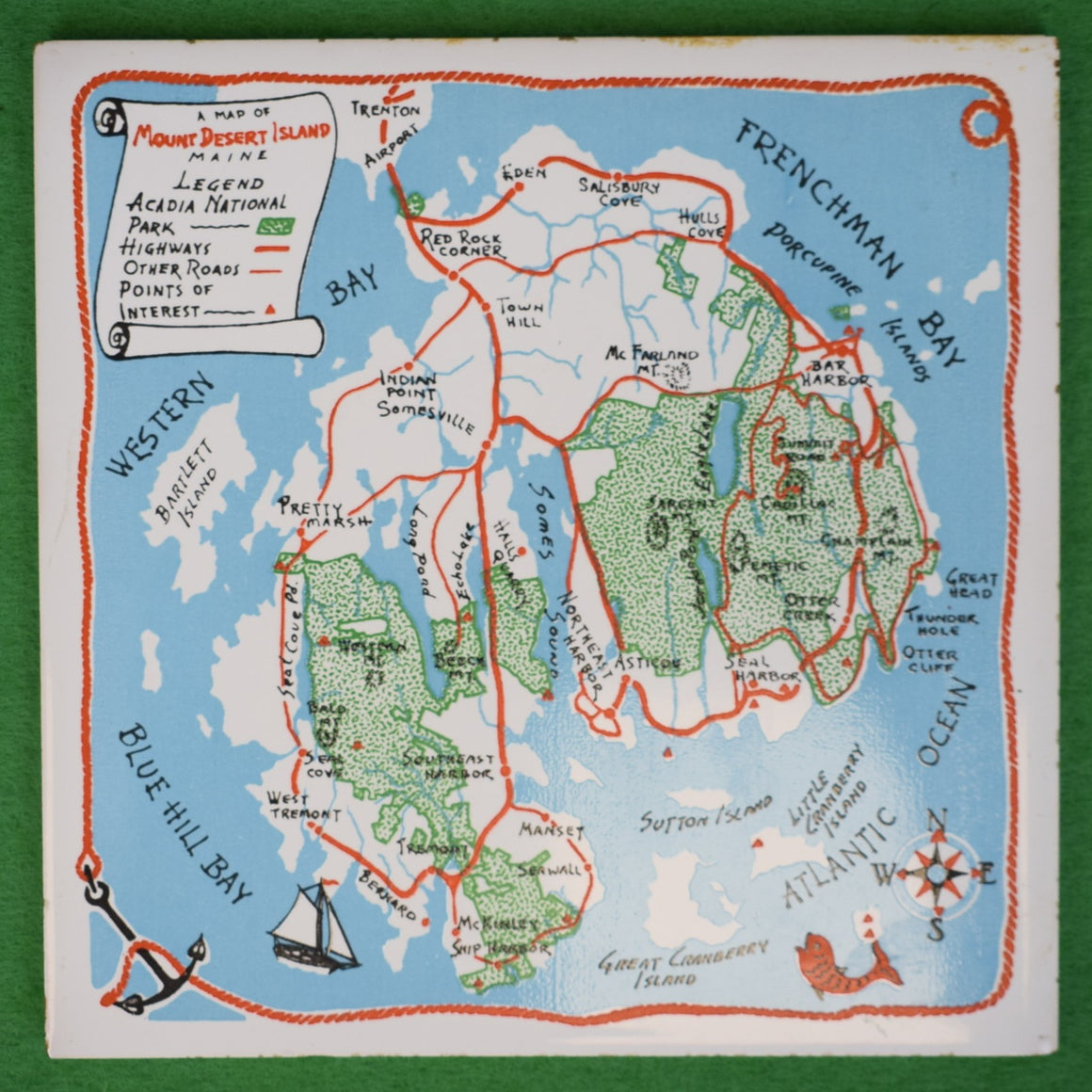 "A Map Of Mount Desert Island Maine Ceramic Glazed Tile/ Coaster Made In England" (SOLD)
