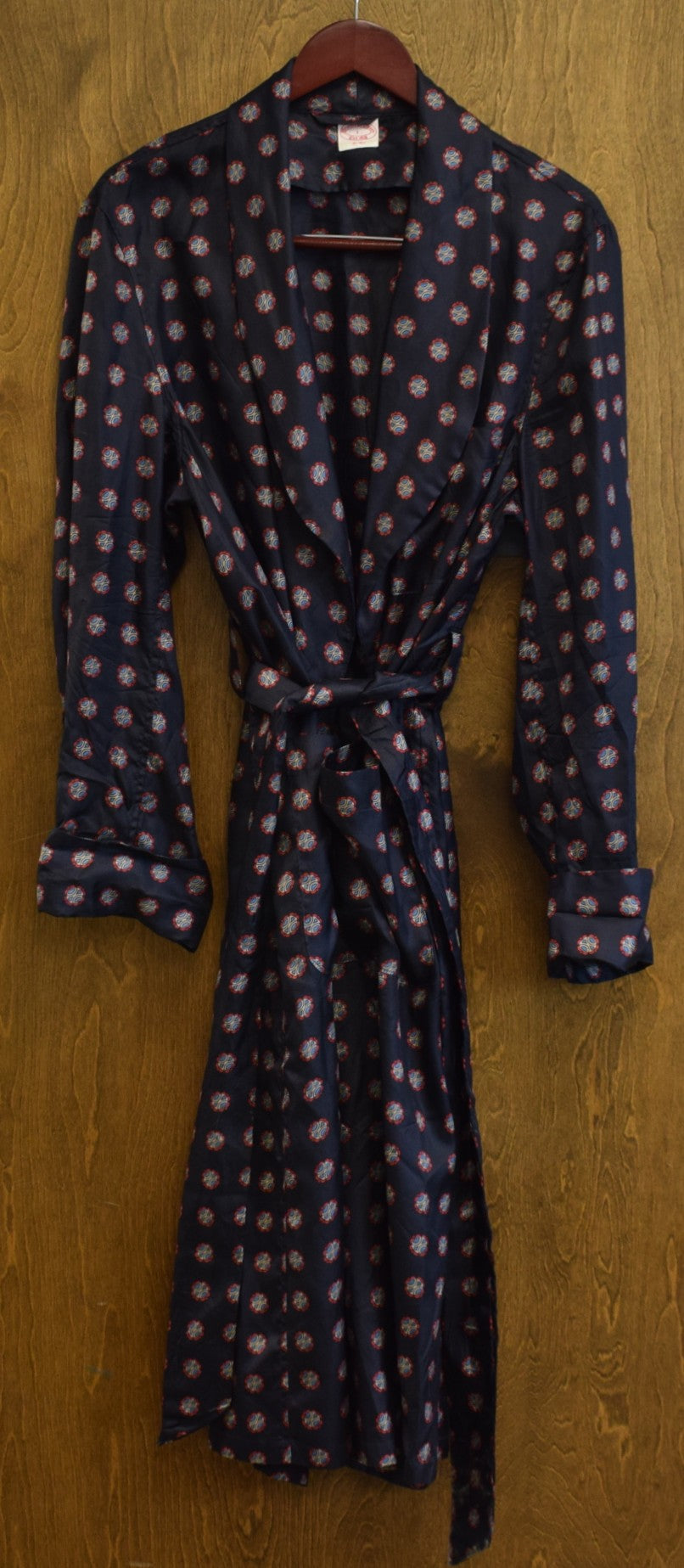 "Brooks Brothers Navy Silk w/ Red & Blue Foulard Print Shawl Collar Dressing Gown" Sz L (LNWOT)