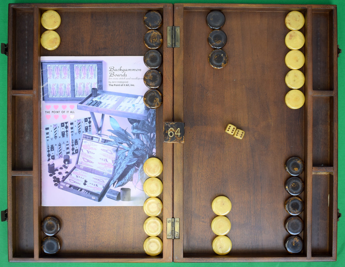 "Backgammon Board w/ Bakelite Checkers/ Doubling Cube & Dice for Cross Stitch & Needlepoint Panels" (New/ Old Stock)