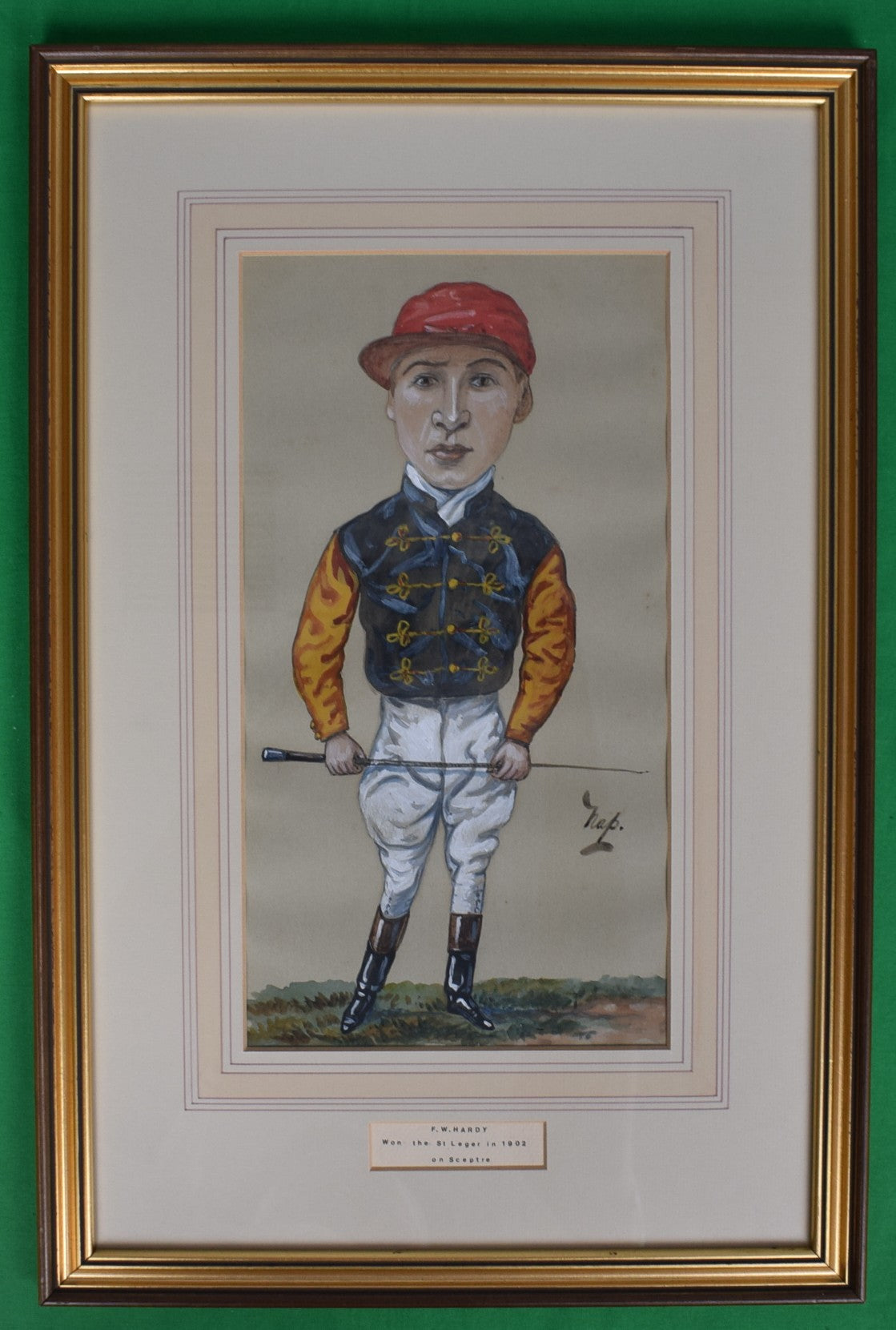 F.W. Hardy Won The St Leger In 1902 On Sceptre Jockey Pastel Watercolour Caricature Portrait by Nap