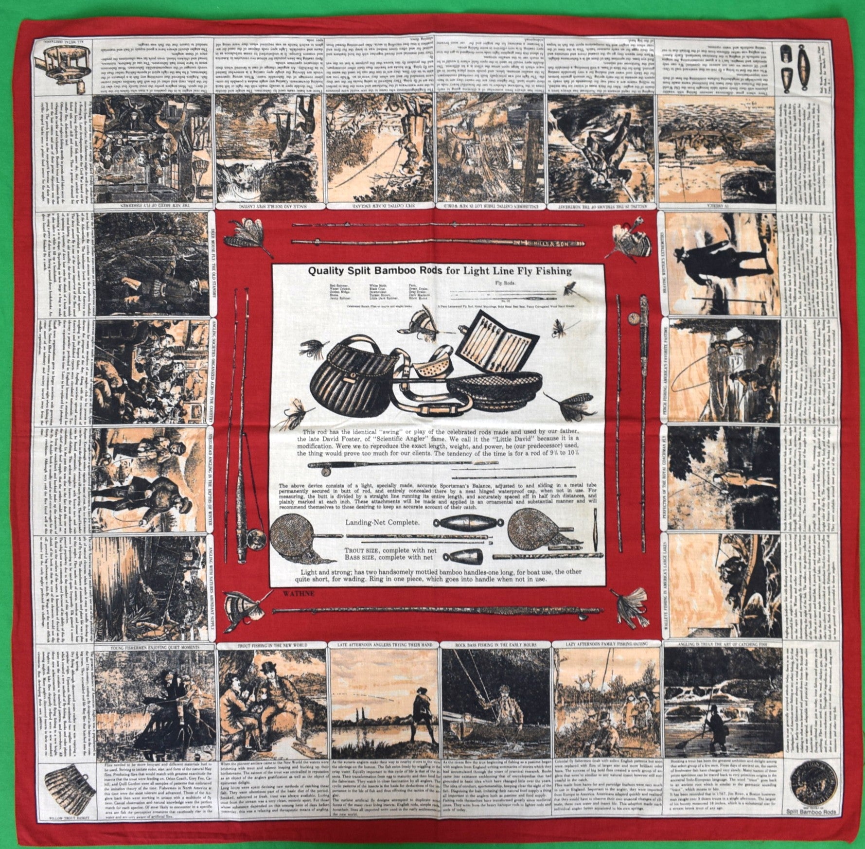 Wathne Cotton Burgundy Scarf w/ Fly-Fishing Bamboo Rod & Reel Motifs