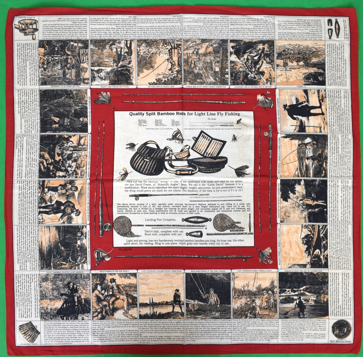 Wathne Cotton Burgundy Scarf w/ Fly-Fishing Bamboo Rod & Reel Motifs