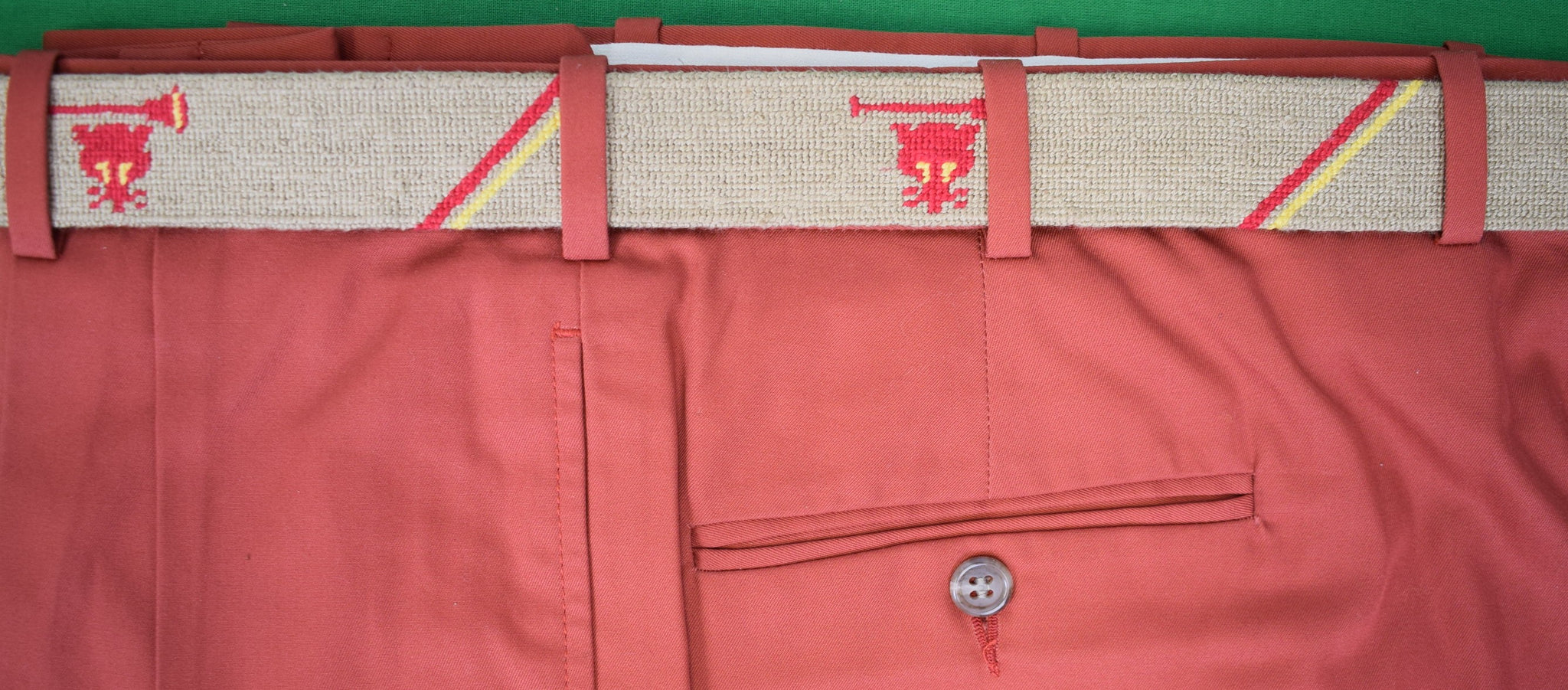 Myopia Hunt Club x S&B Hand Needlepoint Khaki Belt w/ Red Fox Mask & Hunting Horn Logo Sz 40 (NWT)