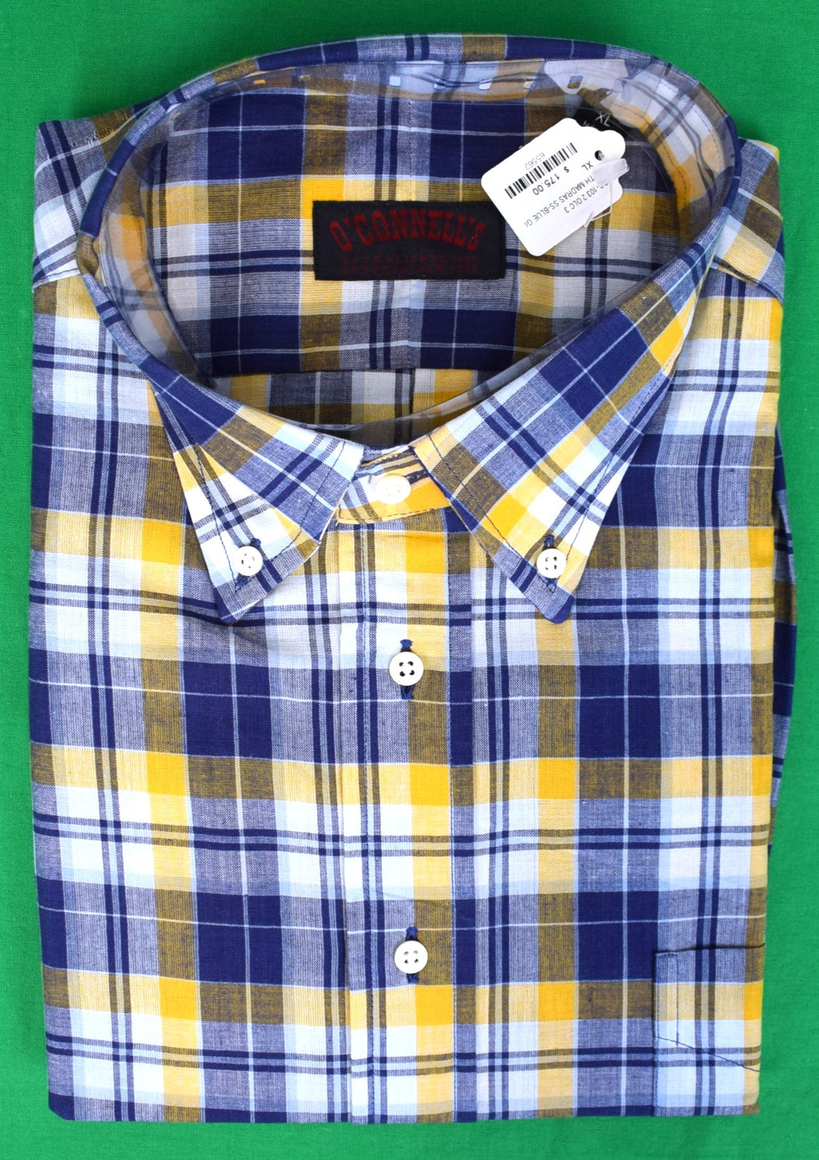 O'Connell's Authentic India Madras - Short Sleeve Shirt Blue Yellow Plaid Sz XL (NWT)