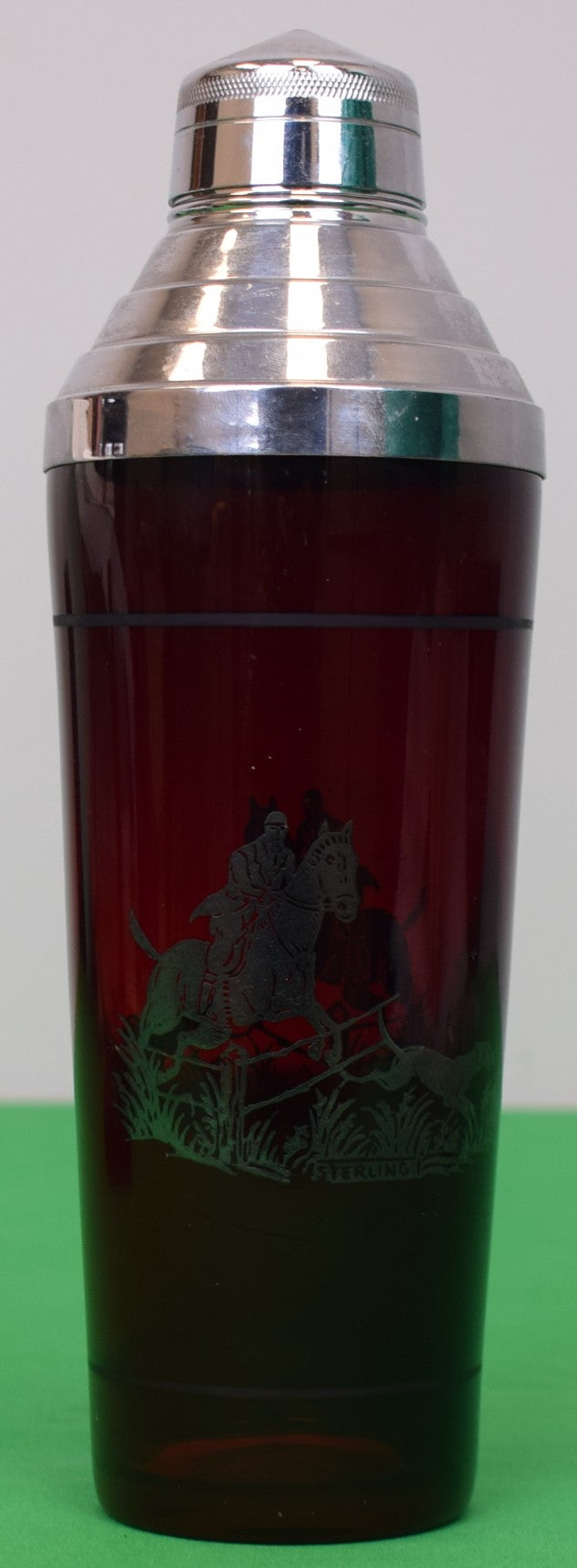 Rockwell Silver Co Ruby Red Horse & Hound Hunt Scene w/ Sterling Overlay c1930s Cocktail Shaker