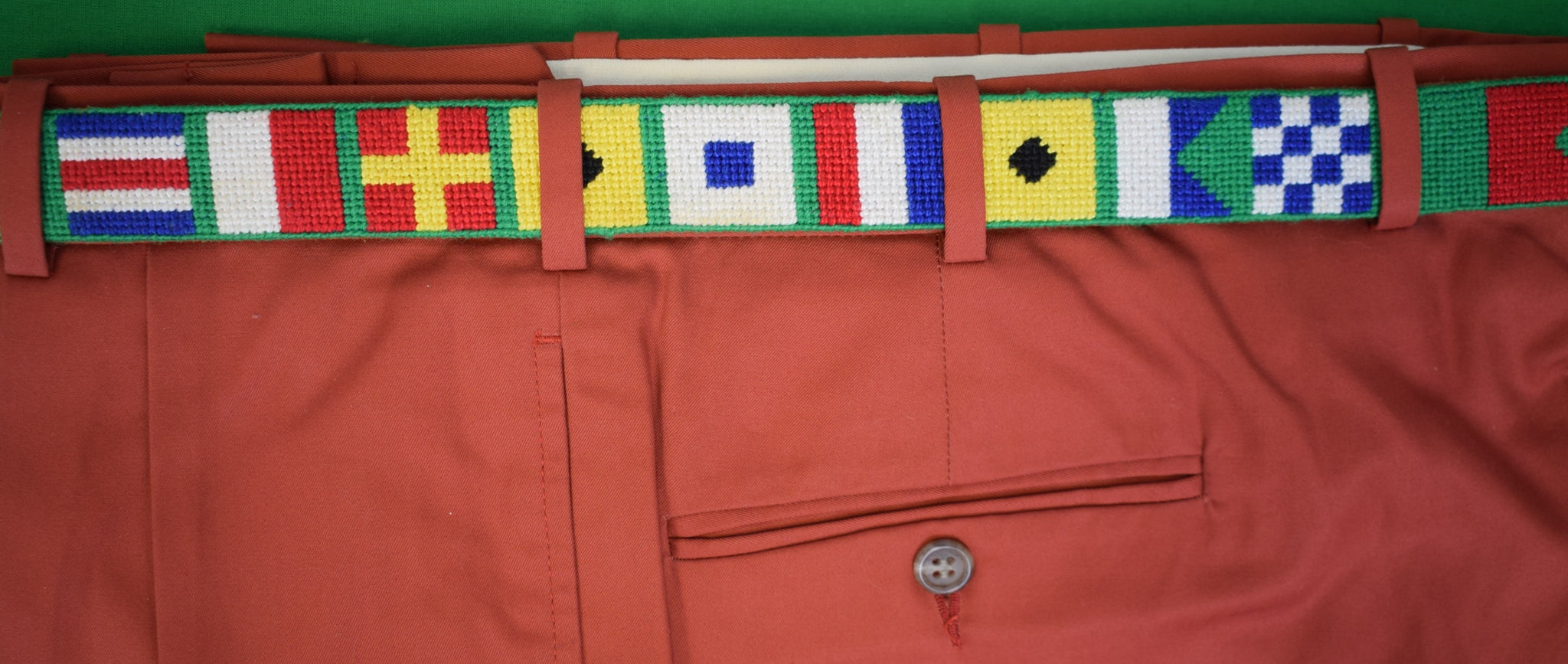 "Hand Needlepoint Green Belt w/ Nautical Signal Flags" Sz 36
