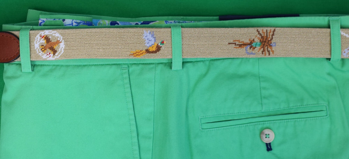 Rolling Rock Club x S&B Hand Needlepoint Khaki Belt w/ Sportsman's Motifs Sz 45