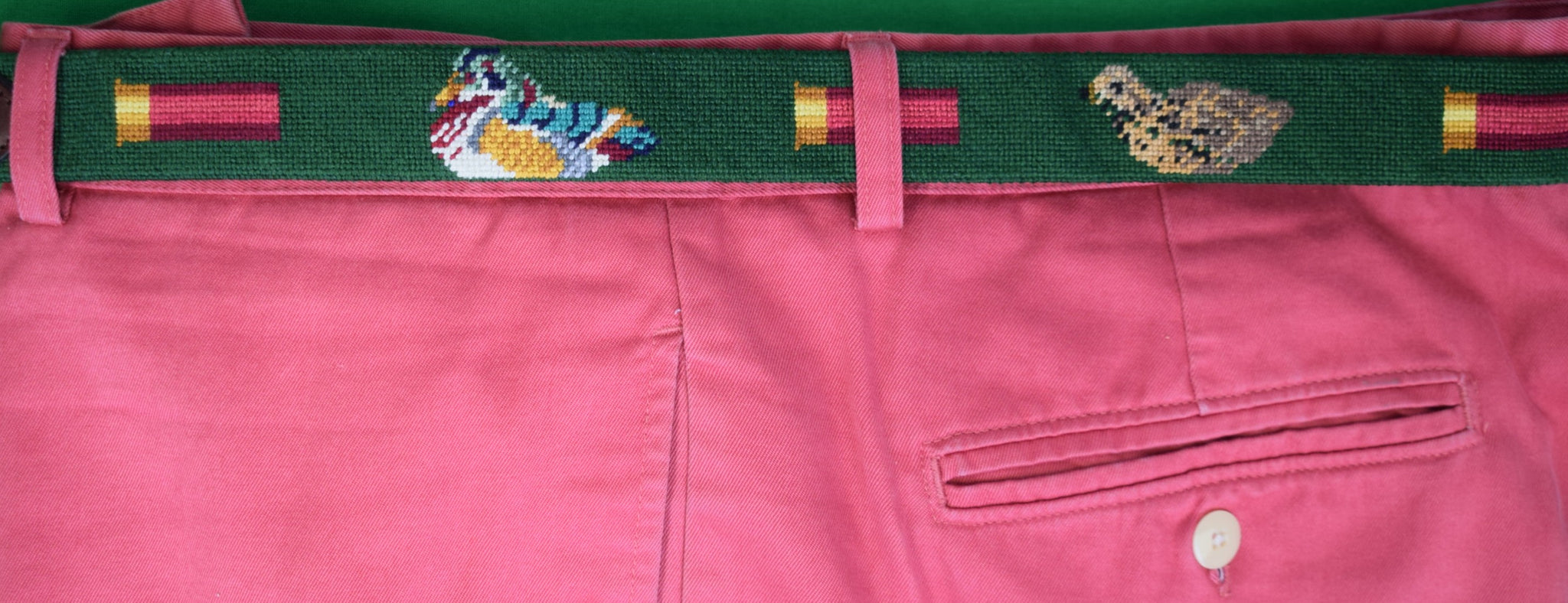 Hand-Stitched Needlepoint Game Bird/ Shot Shell Hunter Green Belt Size 45