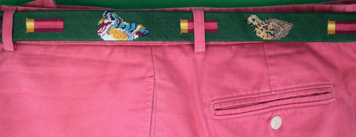 Hand-Stitched Needlepoint Game Bird/ Shot Shell Hunter Green Belt Size 45