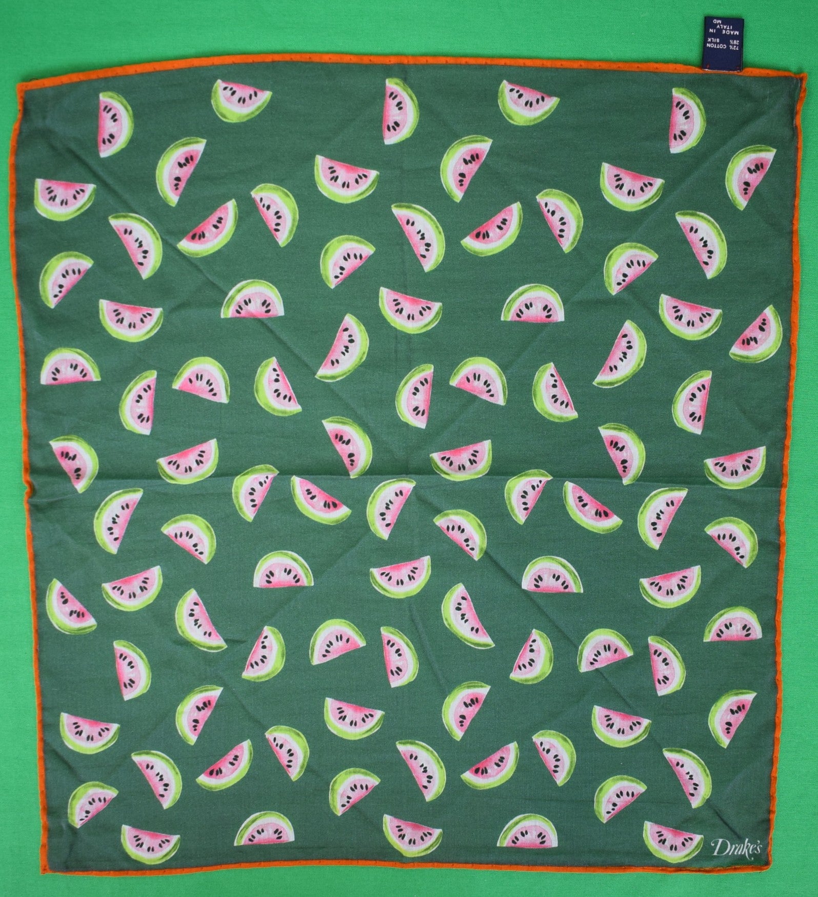 Drake's London Watermelon Print Cotton/ Silk Green Pocket Square