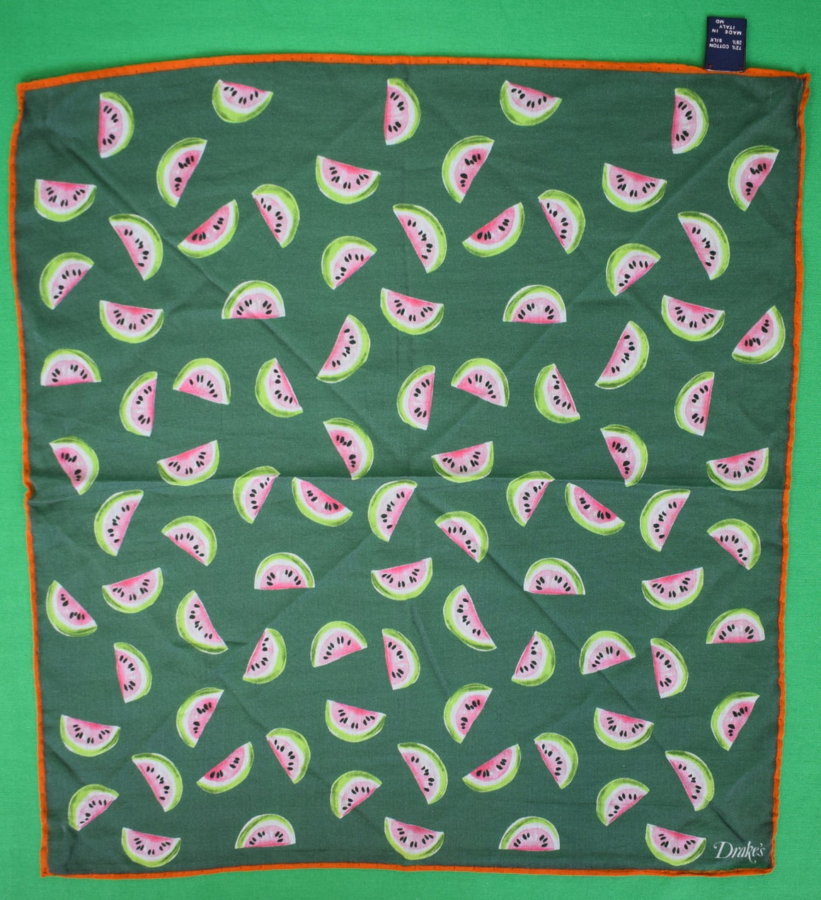 Drake's London Watermelon Print Cotton/ Silk Green Pocket Square